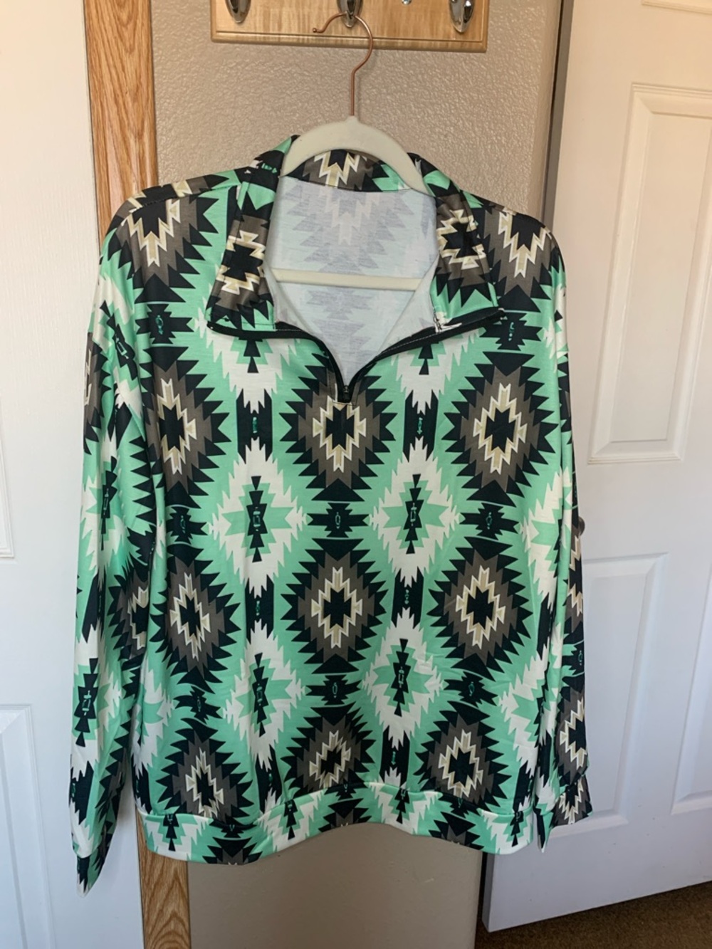 AZTEC Print Black, Turquoise, Gray & White Quarter Zip Pullover Sweatshirt - Picture 2 of 4